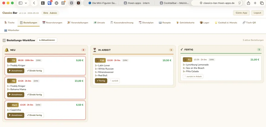 Bestell-Workflow: live vom Gast-Tisch (NEU → IN ARBEIT → FERTIG)