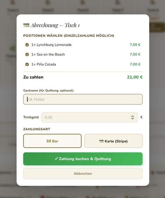 Tisch abrechnen: Einzelzahlung, bar oder Karte (Stripe)