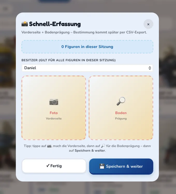 Schnell-Erfassung: Vorderseite + Bodenpr&auml;gung per Kamera