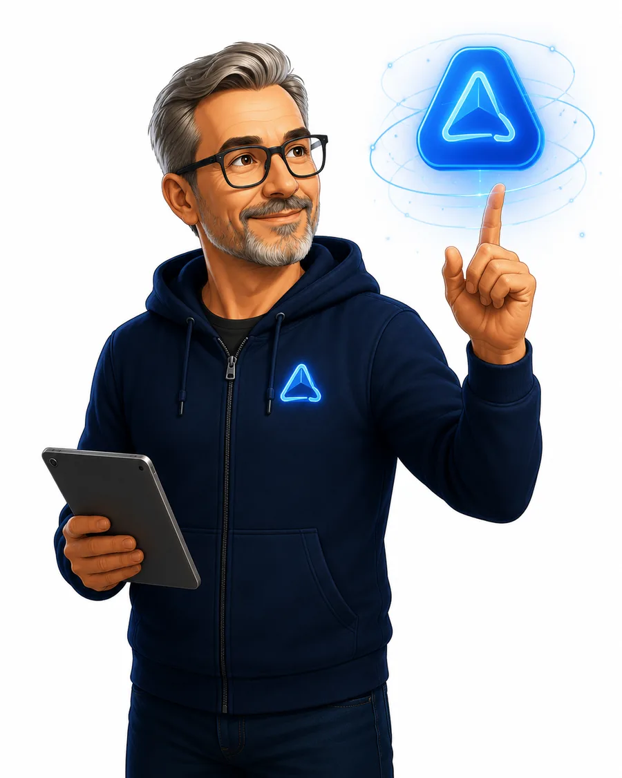 Daniel Erhard von rhoen-apps zeigt auf ein leuchtendes App-Icon