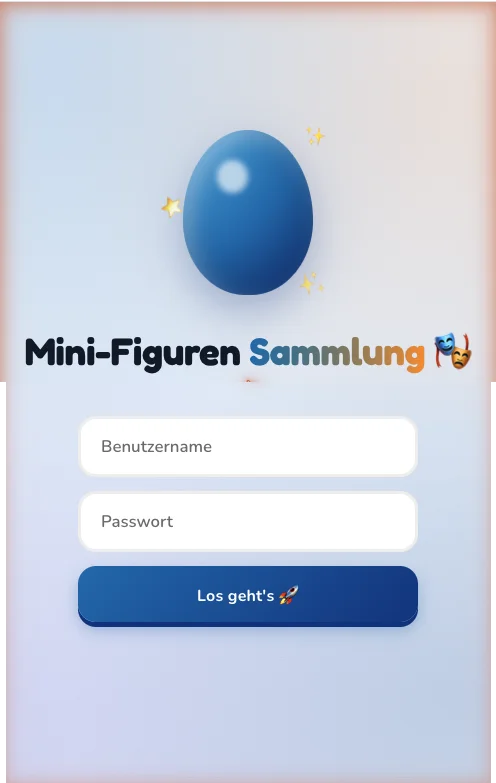 Mini-Figuren-Sammlung — Startbildschirm mit blauem Ei-Motiv und Login