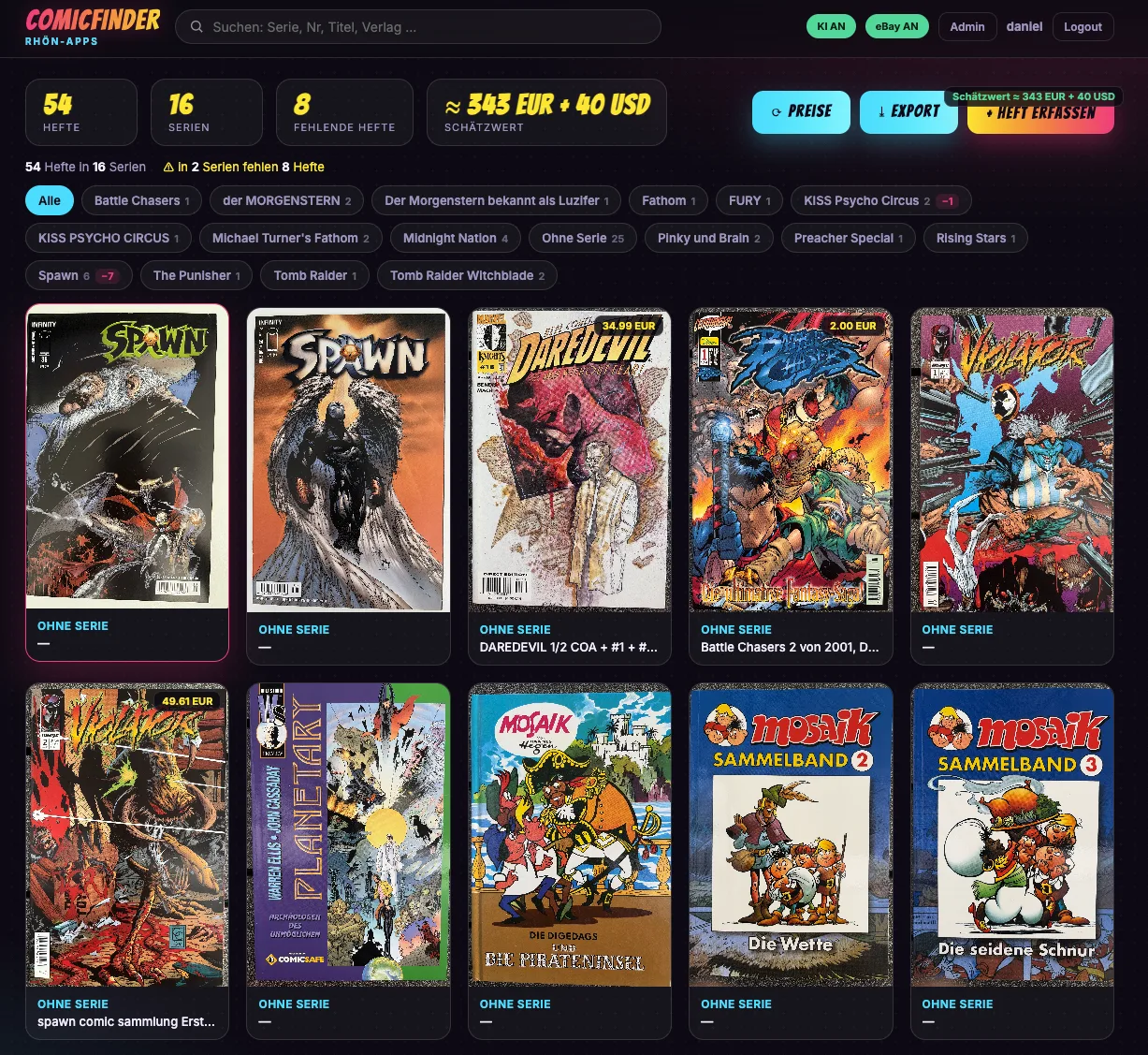 Comicfinder — Sammlungs-Übersicht mit Cover-Grid und KI-Schätzpreisen