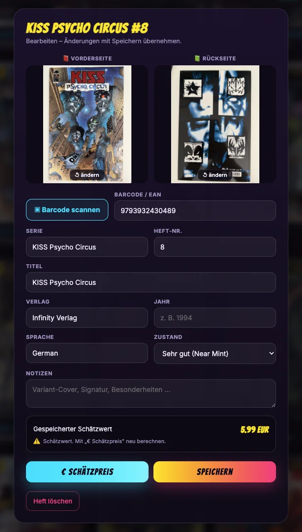 Comicfinder — Heft-Detail mit Barcode-Scanner und Schätzwert